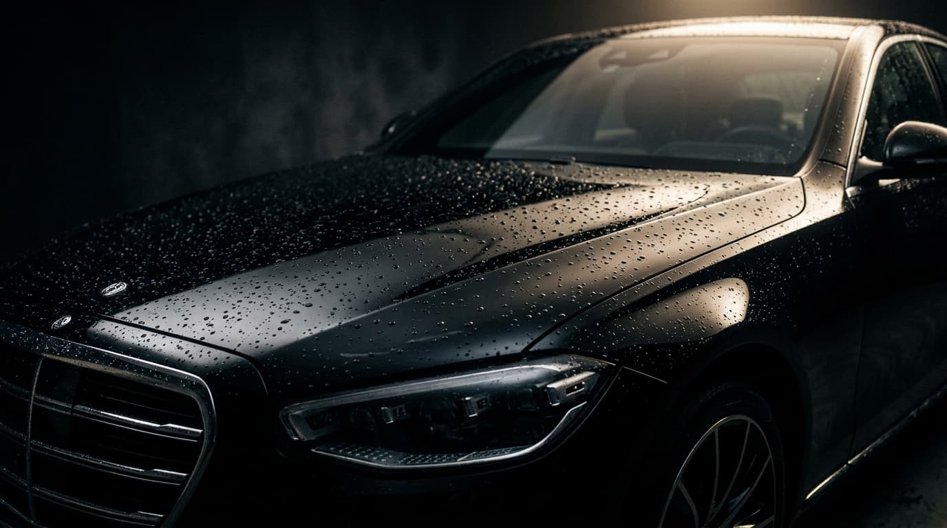 Glossy black luxury sedan with water droplets after detailing