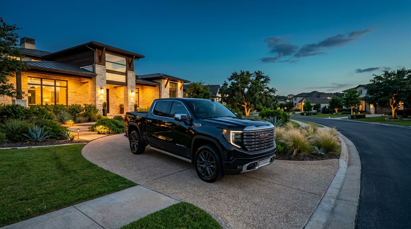 Detailed luxury truck in a Meridiana driveway at dusk